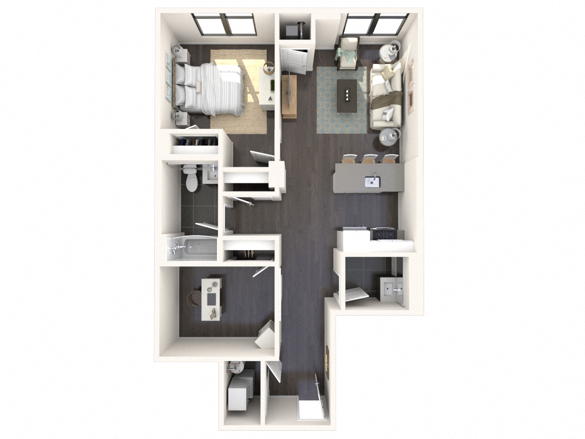 Floor plan for 1 bed, 1.5 baths, 893 sqft
